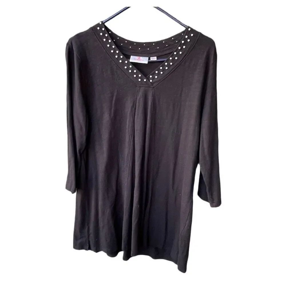 Quacker Factory size L black tunic pearl trimmed neckline.